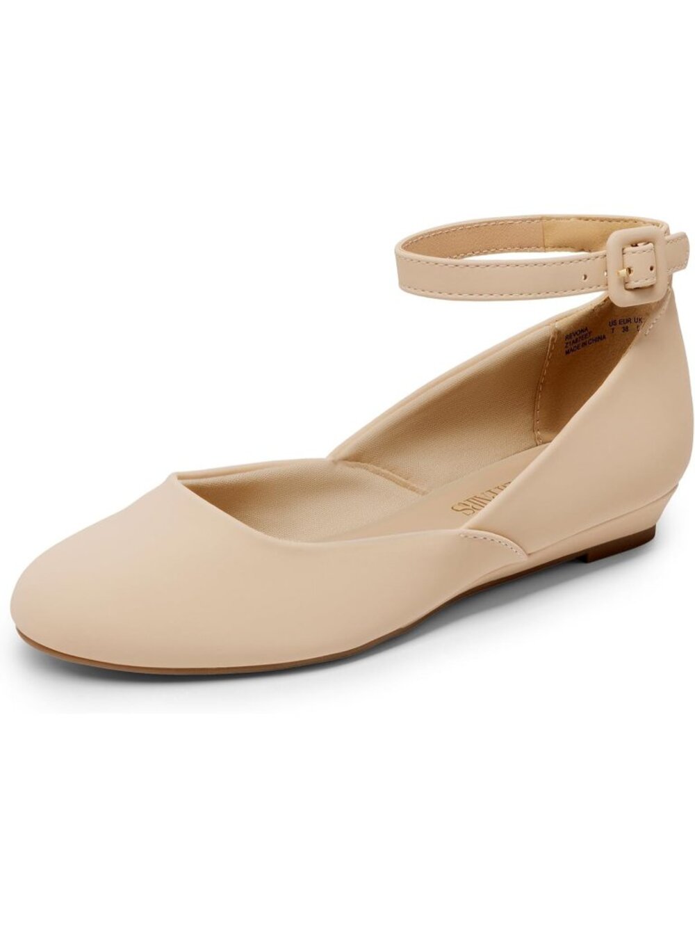 Women's Nude Nubuck Comfortable Ballet Low Wedge Round Toe Ankle Strap Flats